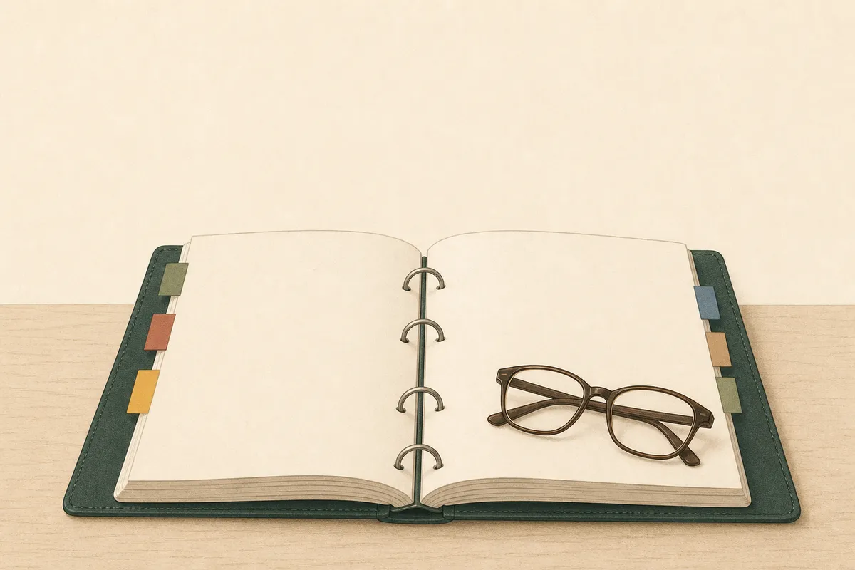 Ilustración: carpeta de consulta abierta con pestañas y gafas de lectura