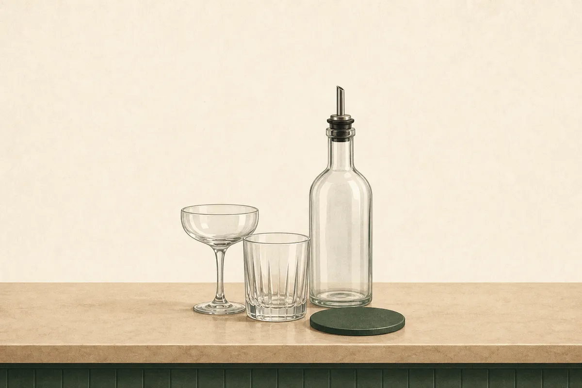 Ilustración: barra — cristalería limpia, botella con vertedor, posavasos