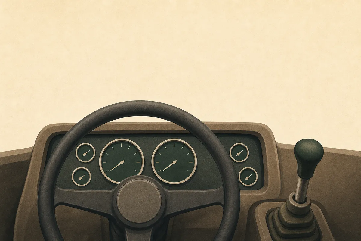 Ilustración: cabina de camión — volante, manómetros de freno de aire, palanca