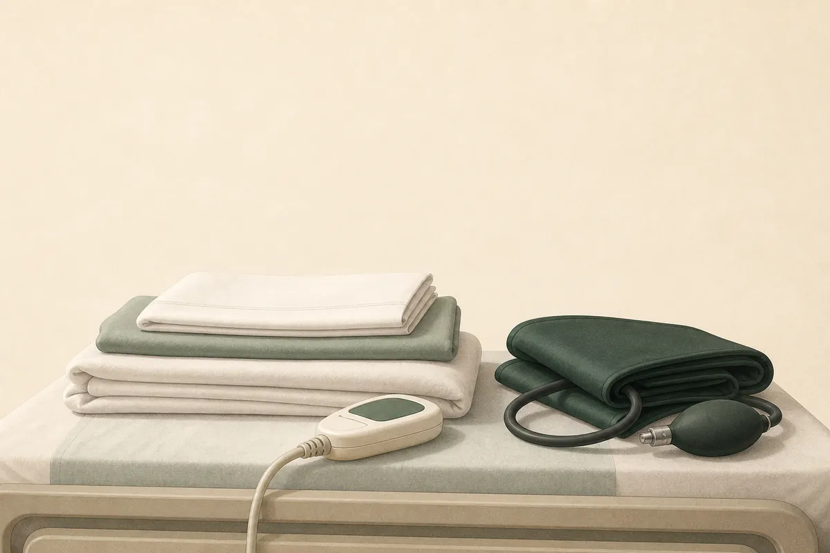 Ilustración: mesita de hospital — sábanas dobladas, botón de llamada, tensiómetro