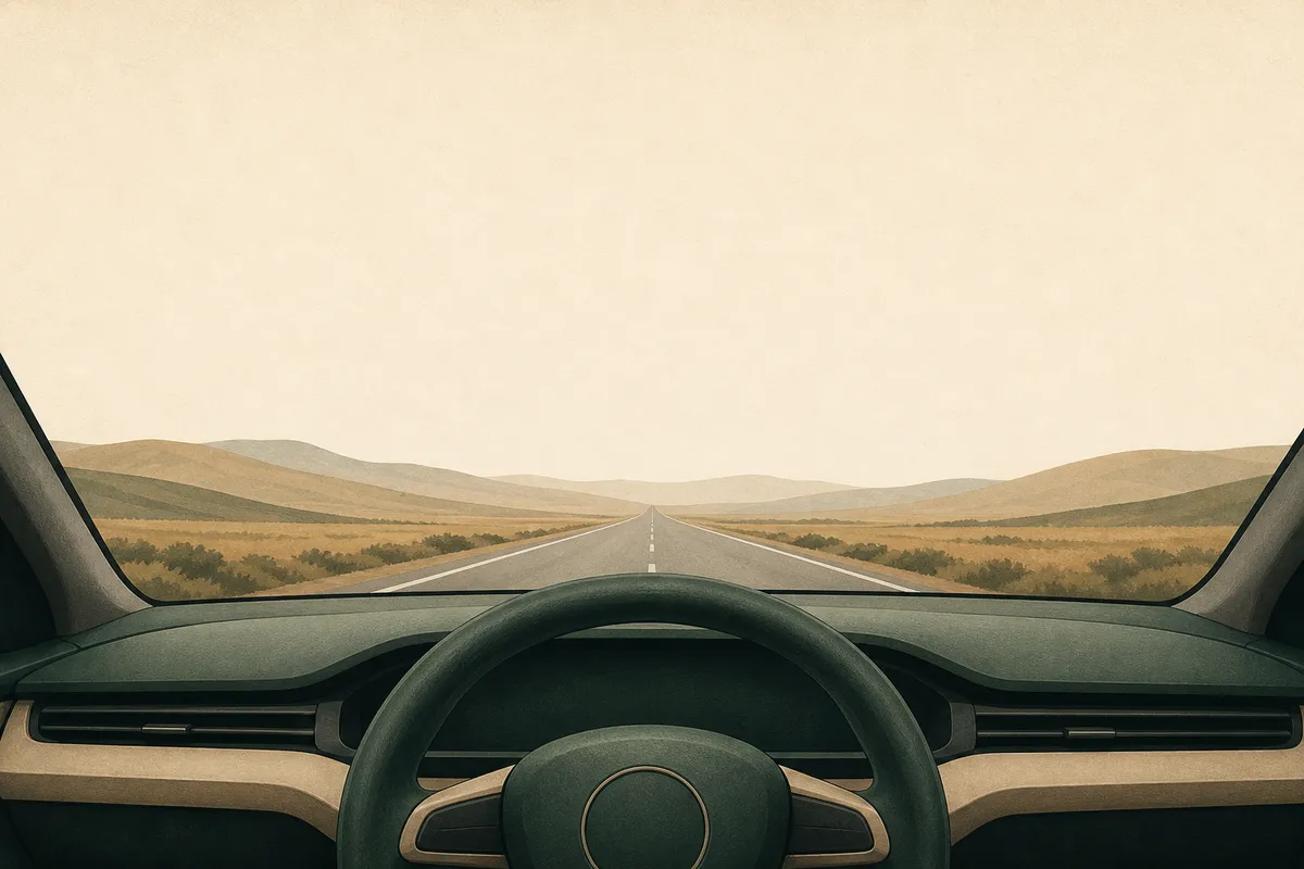 Ilustración: tablero y volante de un coche, la carretera al frente