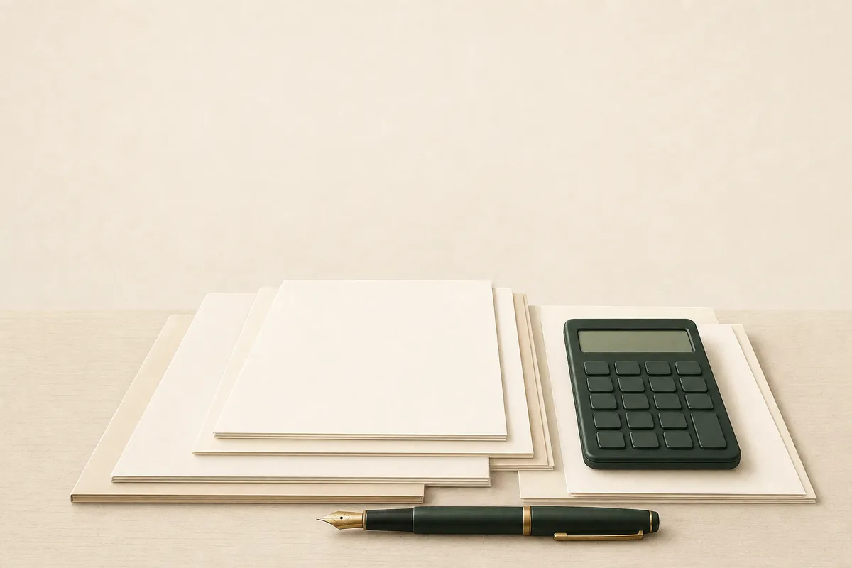 Ilustración: escritorio de preparador de impuestos — formularios, calculadora, pluma