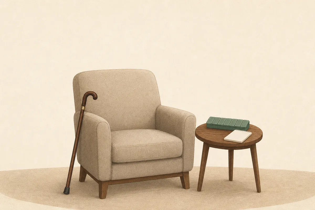 Ilustración: cuidado en casa — bastón junto a un sillón, pastillero, libreta