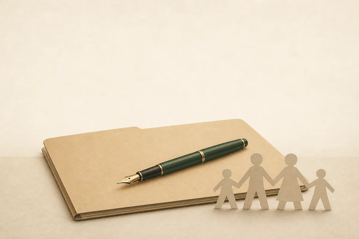 Ilustración: carpeta de póliza, pluma y una familia recortada en papel