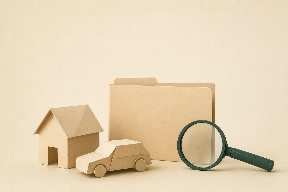 Ilustración: casa y coche de papel junto a una carpeta de póliza y una lupa