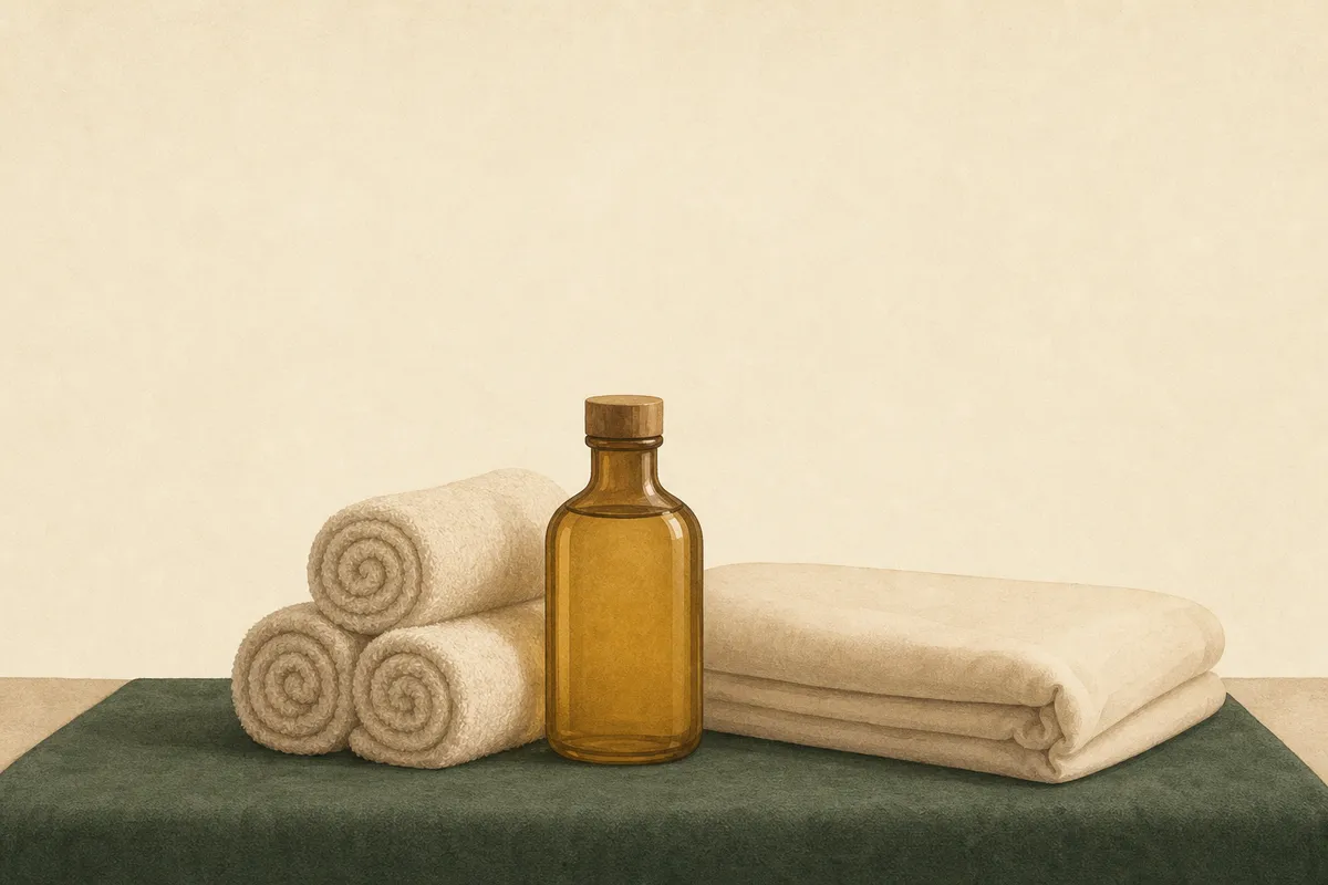 Ilustración: sala de masaje — toallas enrolladas, aceite, sábana doblada