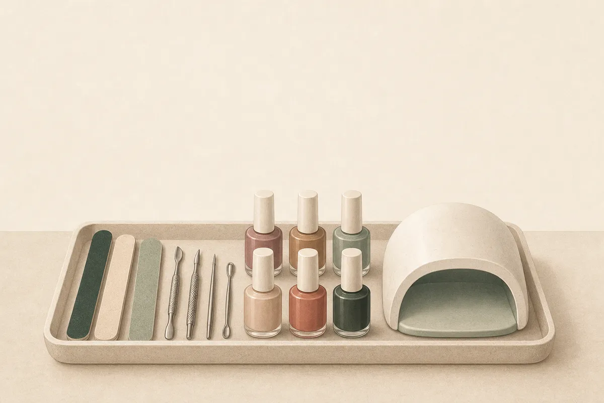 Ilustración: bandeja de manicura — limas, herramientas de cutícula, esmaltes, lámpara UV