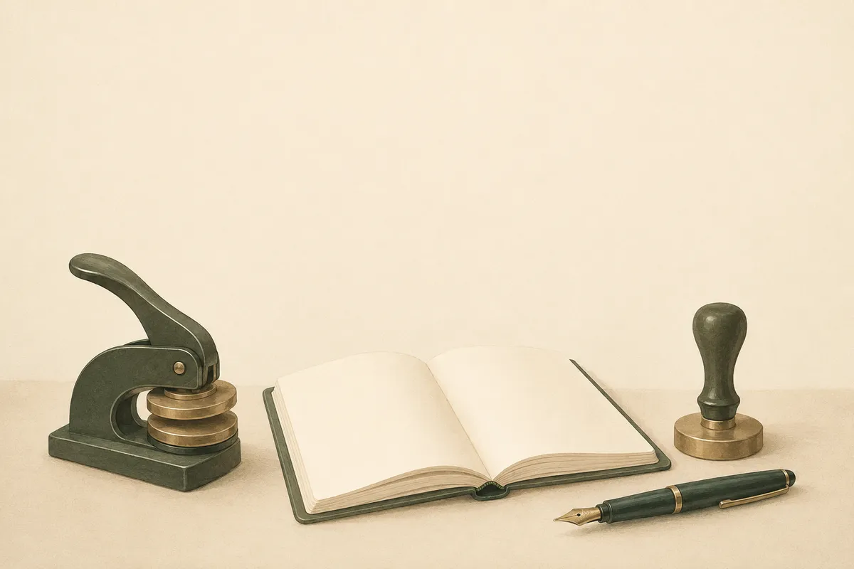 Ilustración: el escritorio de un notario — prensa de sello en seco, diario en blanco abierto, sello de mango redondo y pluma estilográfica