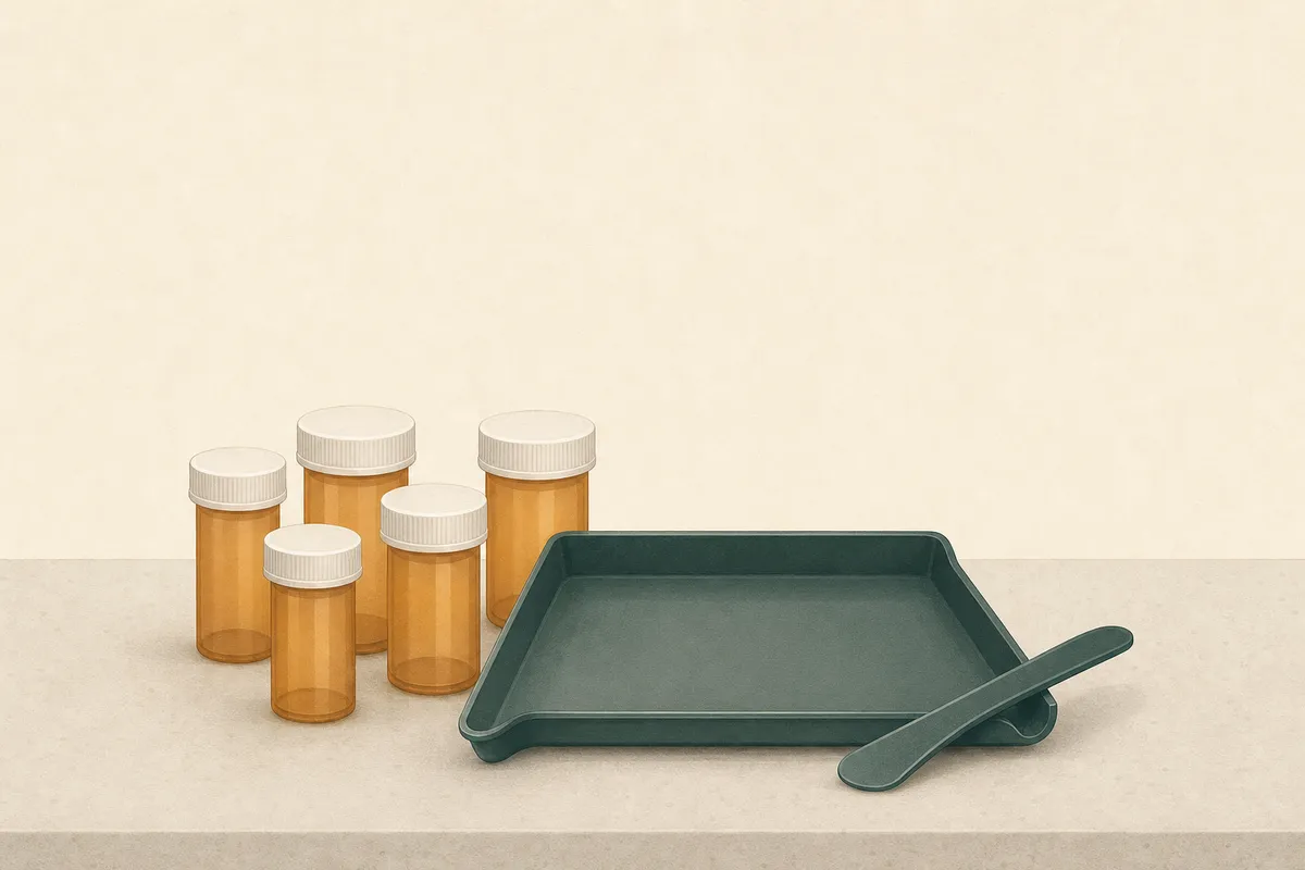 Ilustración: mostrador de farmacia — frascos de receta, bandeja de conteo, espátula