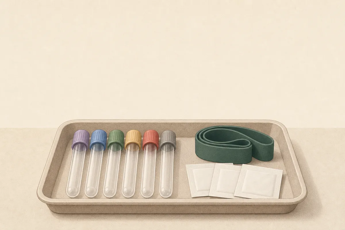 Ilustración: bandeja de flebotomía — tubos por color, torniquete, torundas