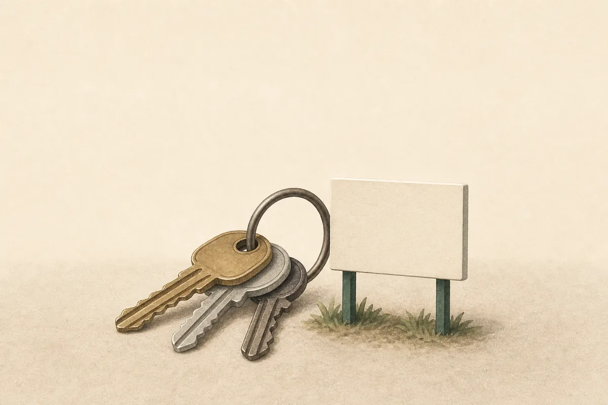Ilustración: llaves de casa junto a un pequeño cartel de jardín