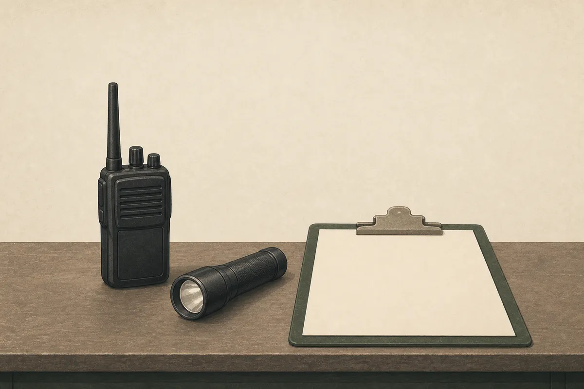 Ilustración: puesto de vigilancia — radio, linterna, planilla de registro