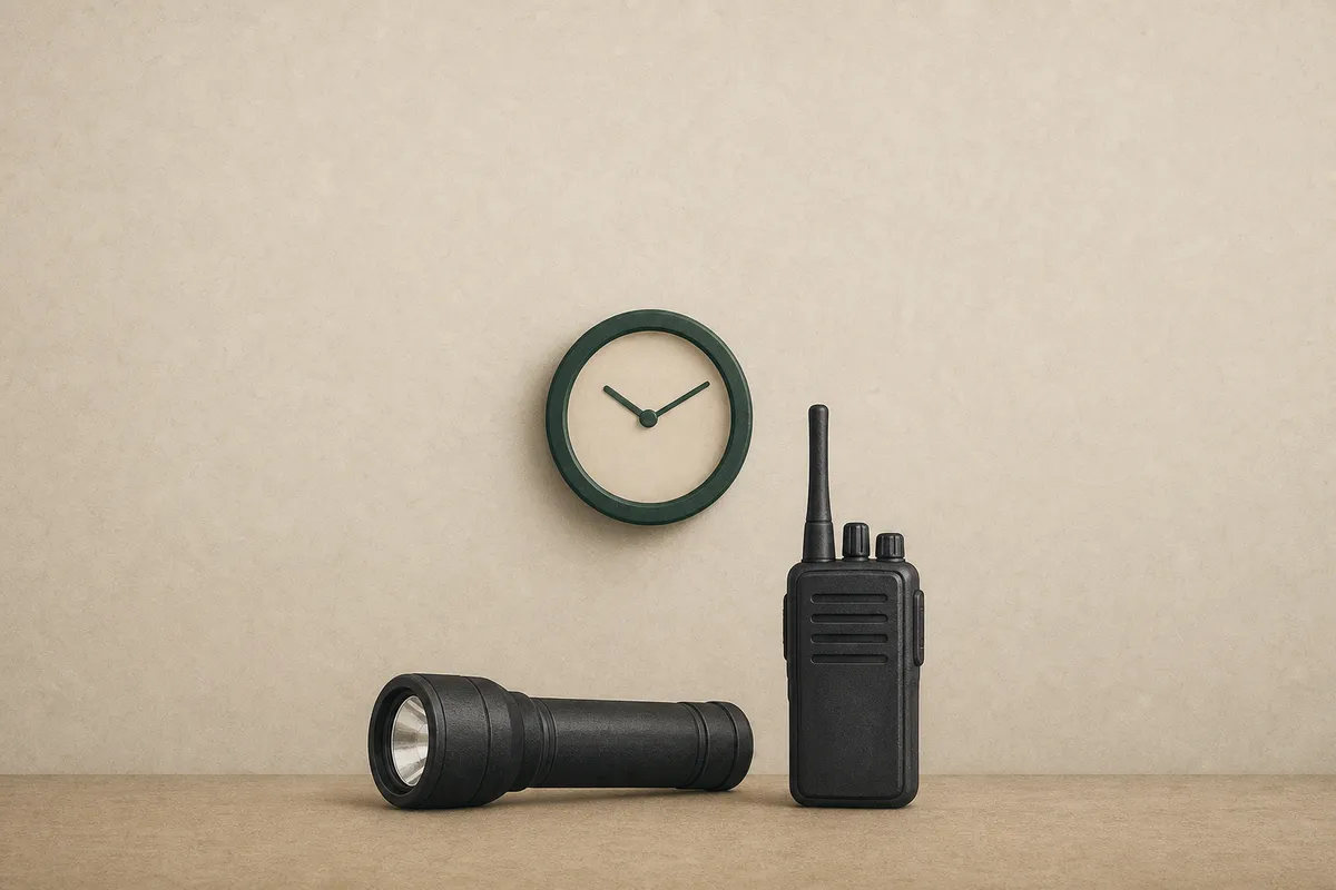 Ilustración: equipo de ronda nocturna — linterna, radio, reloj de control